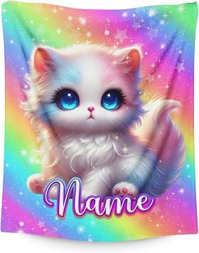 Girls Blanket Personalized Cat Stuff Throws Gifts for Kids Teens Age 8-12, 50x60 Inches Custom Comfy Soft Cozy Throw for Couch Bedroom Outdoors Home Decorations