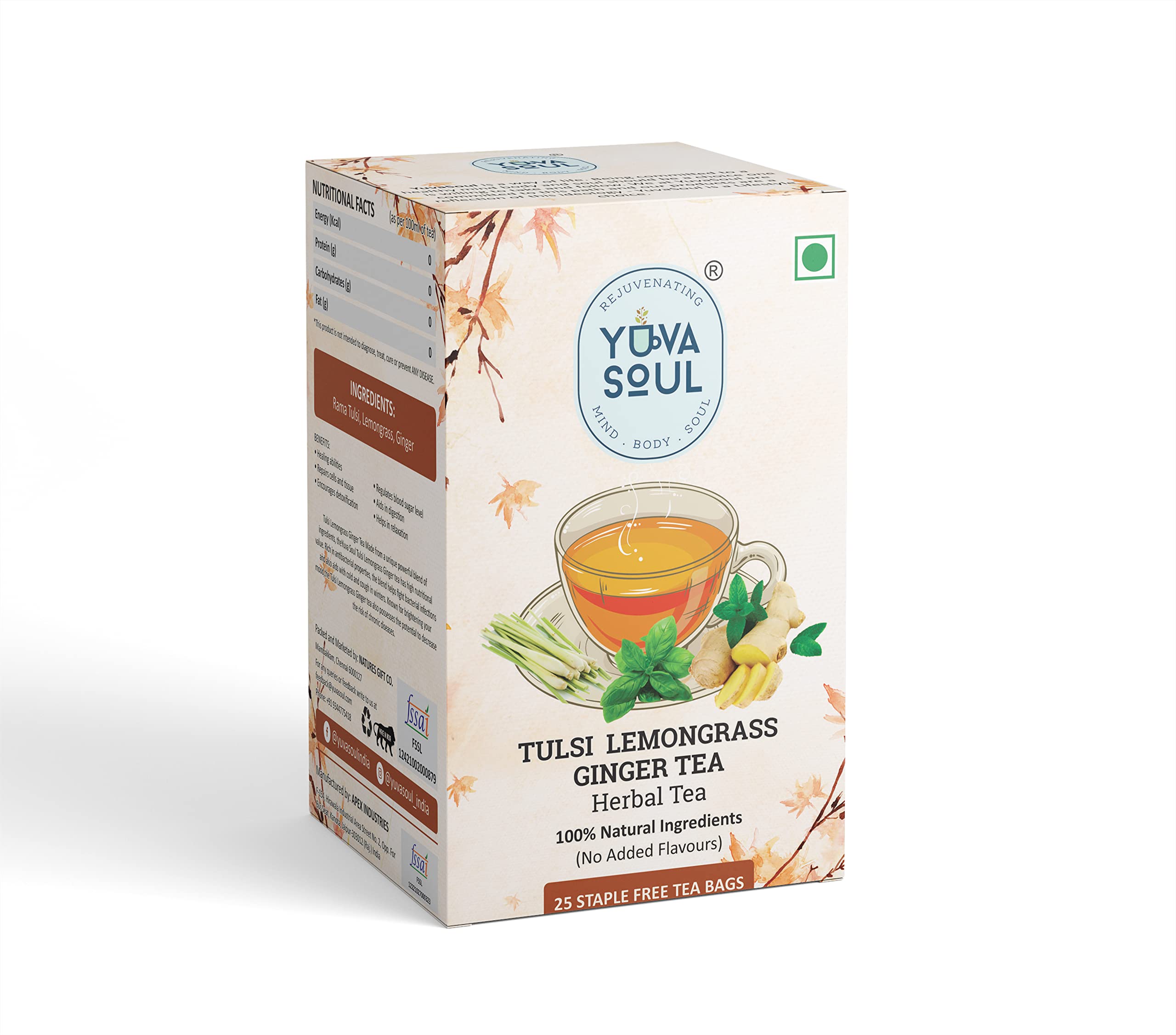 YUVA SOUL Tulsi Lemongrass Ginger Tea, For Cough, Cold & Helps Fight Bacterial Infections With Natural Ingredients (25 Tea Bags)