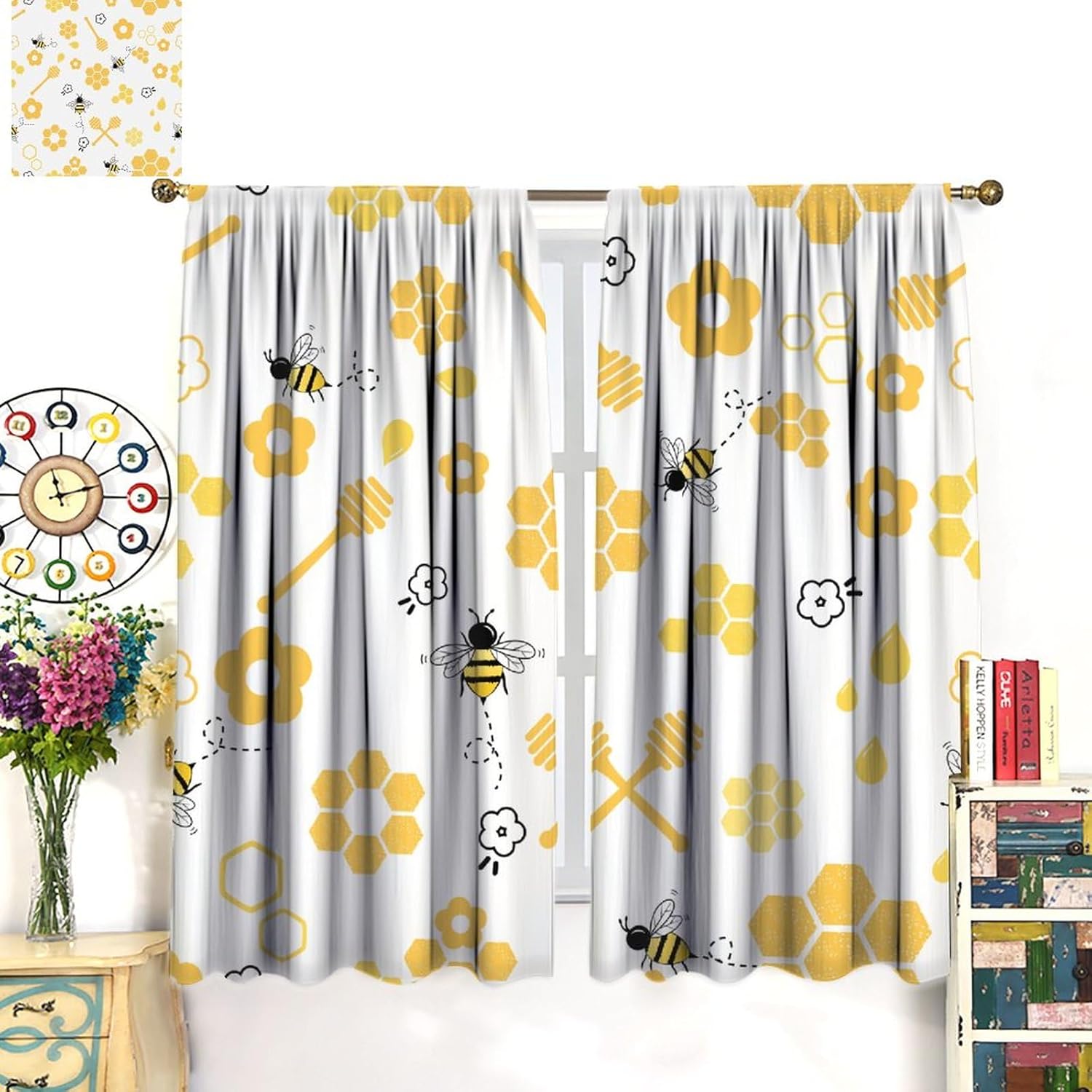 Bee Curtain Cartoon Cute Bees Yellow Honeycomb Flower Pattern Blackout Print Rod Pocket Window Drapes for Bedroom Living Room 42x54in