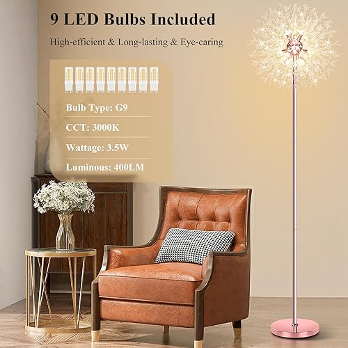 Vista 12 de BesLowe Lámpara de pie de cristal de 69 pulgadas para sala de estar, lámpara de pie moderna con 738 cristales K9, lámpara alta para dormitorio