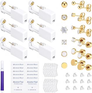 49PCS Ear Piercing Kit Disposable Ear Piercing Gun Kit With 6 Self Piercer Gun 12 Pcs Stud 12 Cleaning Cotton Pads 1 Marking Pen 12 Earmuffs, Protectors Easy-To-Use at Home Tool Gold 3mm