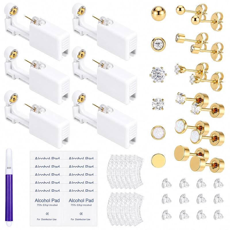 Kit para piercing de orelha UzYlquw dourado 3 mm com 6 pistolas descartáveis e acessórios, 49 peças