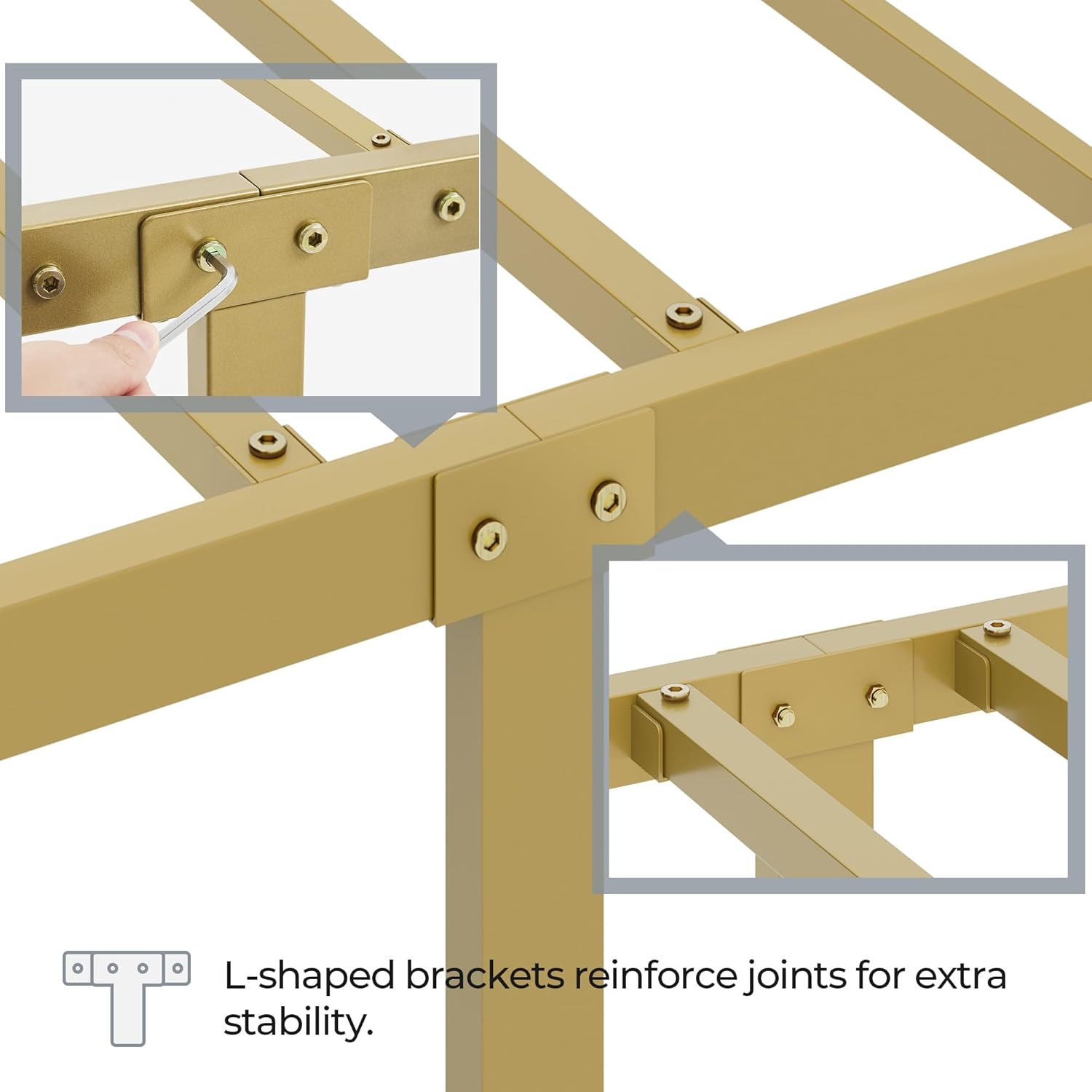 Detail of the L-shaped brackets reinforcing the bed frame joints for stability.