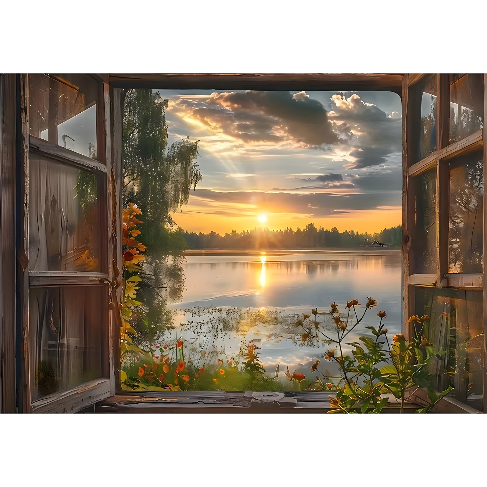 EOBROMD 5D Window View Diamond Painting Kits for Adults, Full Round Drill Sunset Diamond Art Kits, Crystal Art Kits for Home Wall Decor Gifts 30x40cm