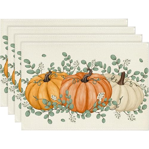 Artoid Mode Orange Pumpkins Eucalyptus Leaves Fall Placemats Set of 4, 12x18 Inch Autumn Thanksgiving Holiday Table Mats for Party Kitchen Dining Decor