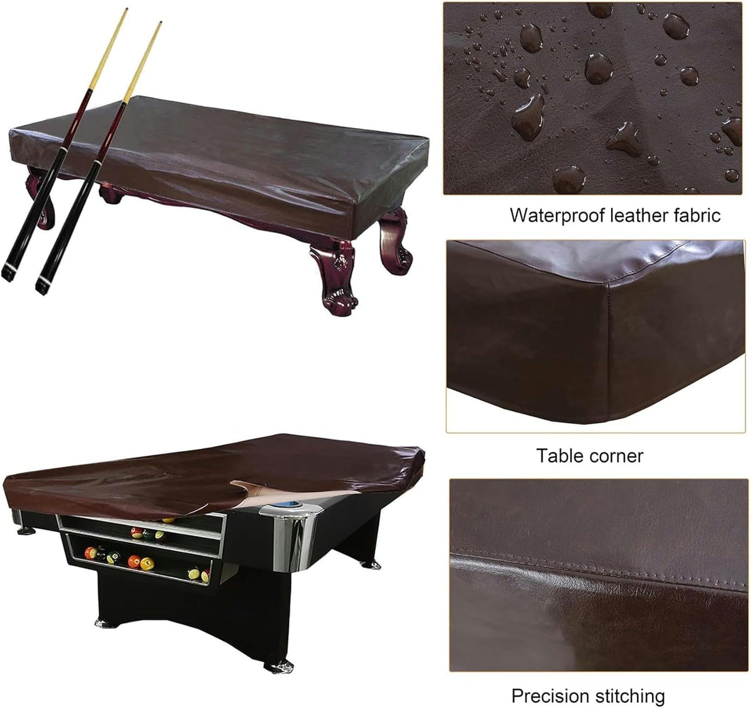 7FT/8FT Heavy Duty Leatherette Billiard Pool Table Cover, Water Furniture Cover Billiards Pection Furniture Cover, Billiard, Snooker & Pool Table Covers, Brown