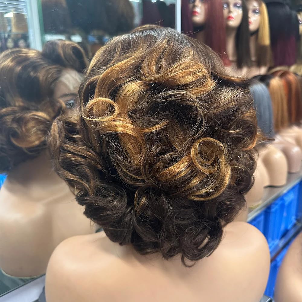 180% Density Thick Lace Front Wig Short Bob Wavy Human Hair #4/27 Ombre Highlight Brzilian Remy Hair HD Invisible 13X4 Lace Front Balayage Colored Short Body Wave Wigs with Bleached Knots 12Inch
