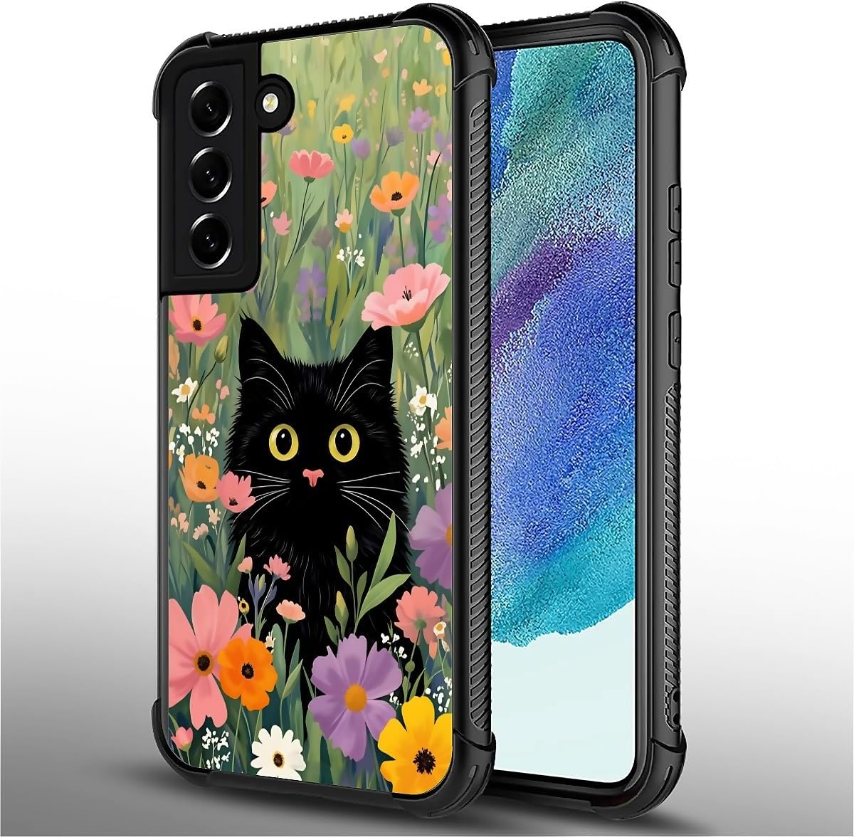 Compatible with Samsung Galaxy S22 Case Non Slip Screen Lens Protection Case for Girl Boy Cute Pattern Colorful Flower Grass Garden Cute Black Cat image 2