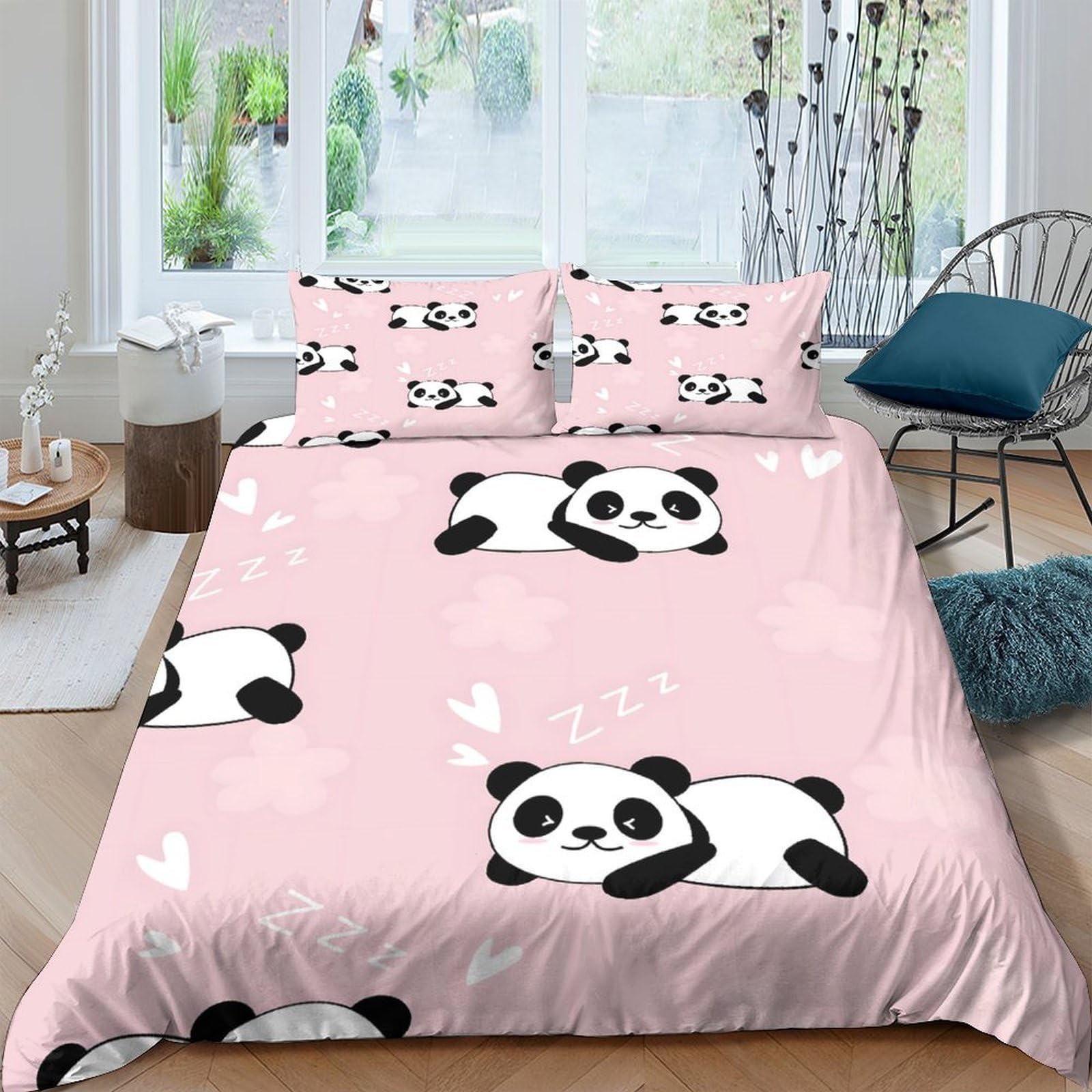 GPLZQXKJNH 3D Printed Cute Panda Duvet Cover Microfiber Soft Pink Cartoon Bedding Set with 2 Pillowcases for Bedroom Decor Single（135x200cm）