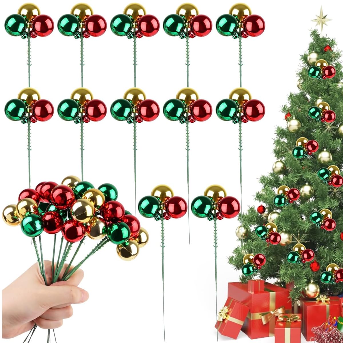 HASTHIP® Christmas Ball Ornaments for Tree, 7.8 Inch Festive Christmas Tree Picks for Home Stockings Vase Fillers Garland Wreath Holiday DIY Crafts Supplies