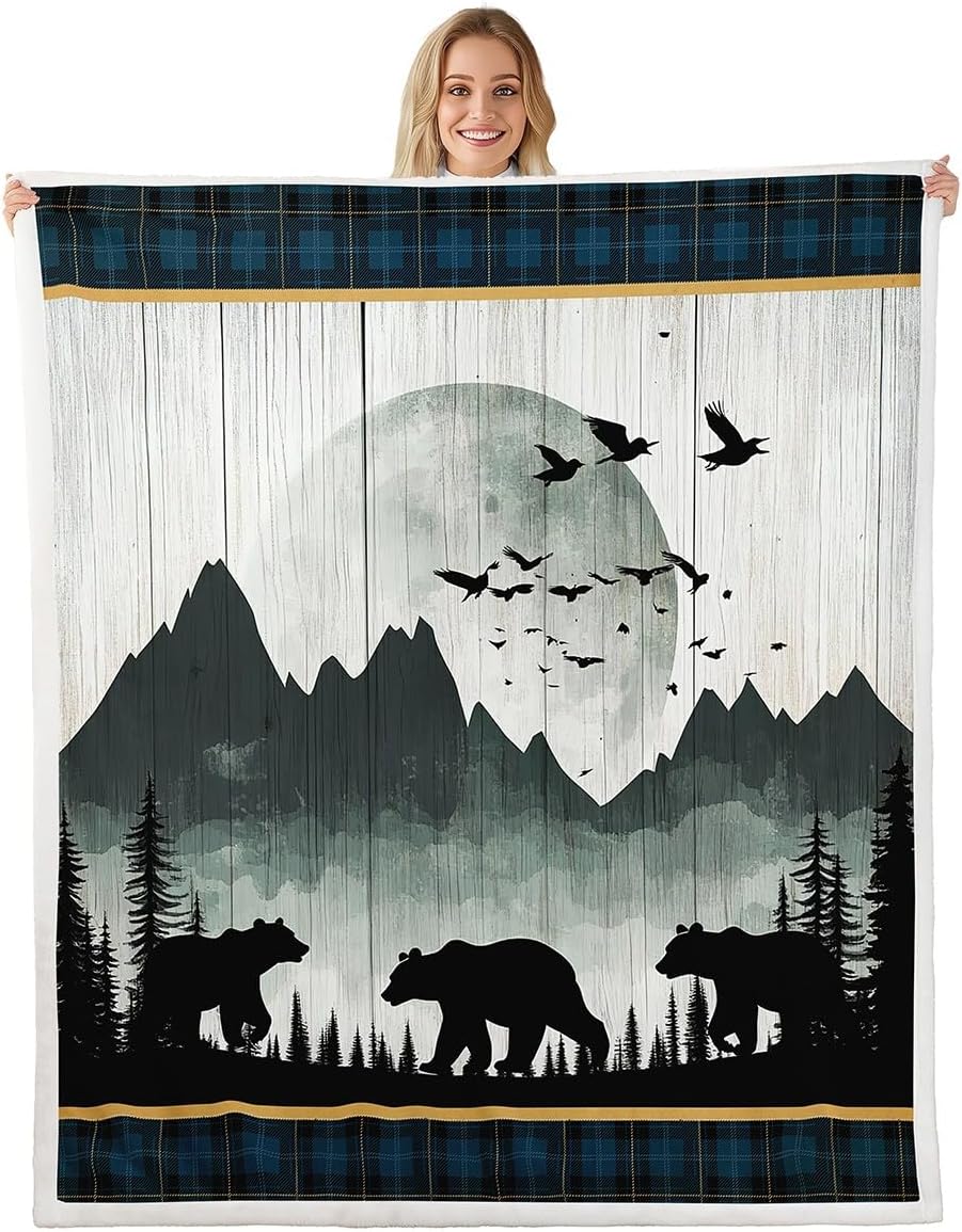 Erosebridal Rustic Cabin Bear Throw Blanket - Country Farmhouse Animal Blankets - Vintage Mountain Scene Fleece Fuzzy Sherpa Blanket 50"x60" for Bed Couch Bedroom Decor