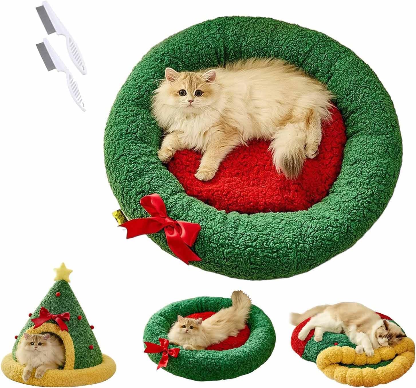 Pawsmas Christmas Tree Triangle Cat Cave Bed, Removable and Washable Winter Closed-Off Cat Bed, Semi-Enclosed Pet Sleeping Bag Foldable Cat Cave or Small Dog Bed (Tree Nest, Small)