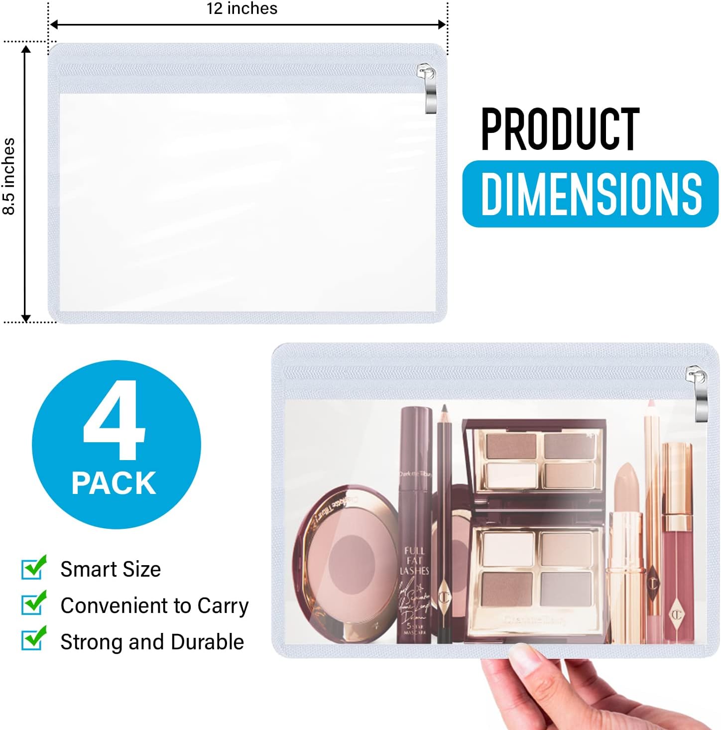 BzBirds Clear Zipper Pouches 4 pcs Travel Pouches Cosmetic Storage Organizer Office School Supplies Multipurpose for Cosmetics and Office Supplies (White Edges) : Office Products