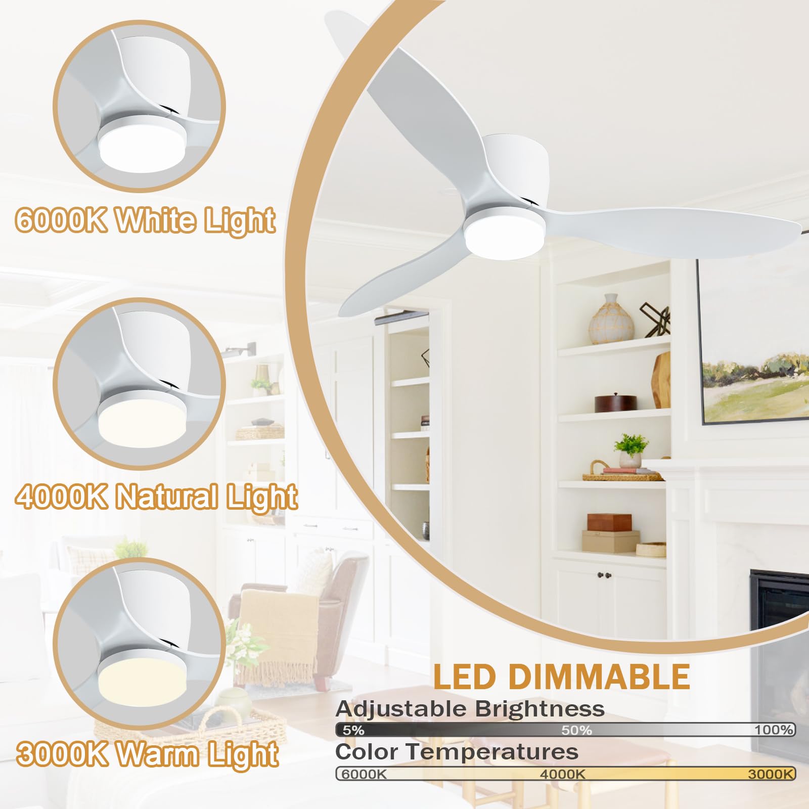 100CM Große Deckenventilator Mit Beleuchtung Und Fernbedienung Deckenlampe Mit Ventilator DC Reversibel Leise LED Drei Farben Deckenleuchte Mit Ventilator Für Wohnzimmer Schlafzimmer-B||42in