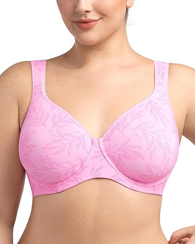 HSIA Bras for Women Minimizer Full Coverage, Plus Size T Shirt Unlined Underwire Smooth Bra, Seamless Cups Joan Ultimate Soft - Blush Leaf - 34DDD