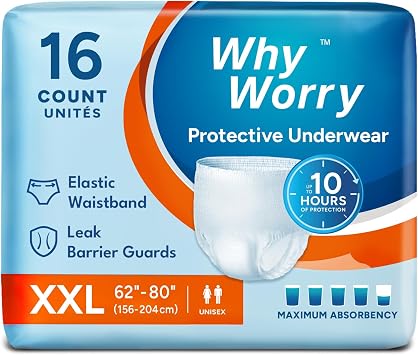WhyWorry Incontinence Pants for Women and Men, Disposable Adult Pull Ups with Overnight Absorbency, Odor Control, Unisex, XXLarge, 16 Count