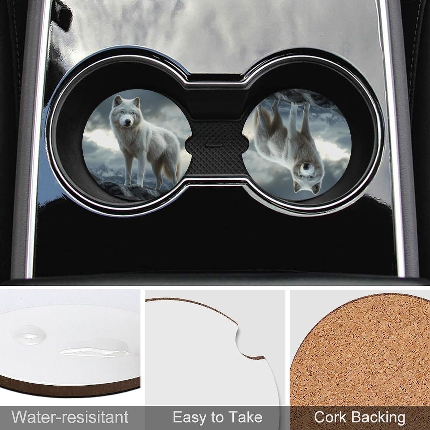 Wolf on Mountain Top Car Cup Holder Coaster with Cork Base 2.6 Inches Anti Slip