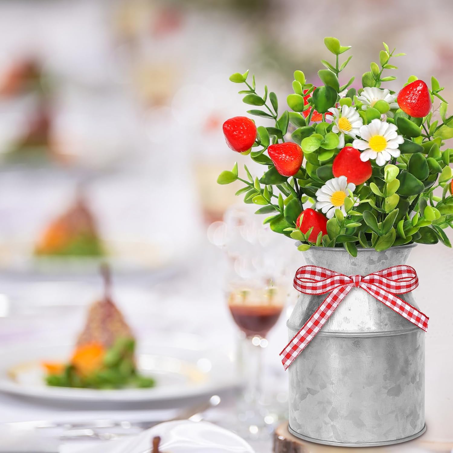 3 Pack Strawberry Mason Jar Table Centerpiece, Artificial Strawberry Home Centerpieces Fake Strawberry Daisy Plants with Faux Leaves for Summer Farmhouse Wedding Decor, Tiered Tray Tabletop Display