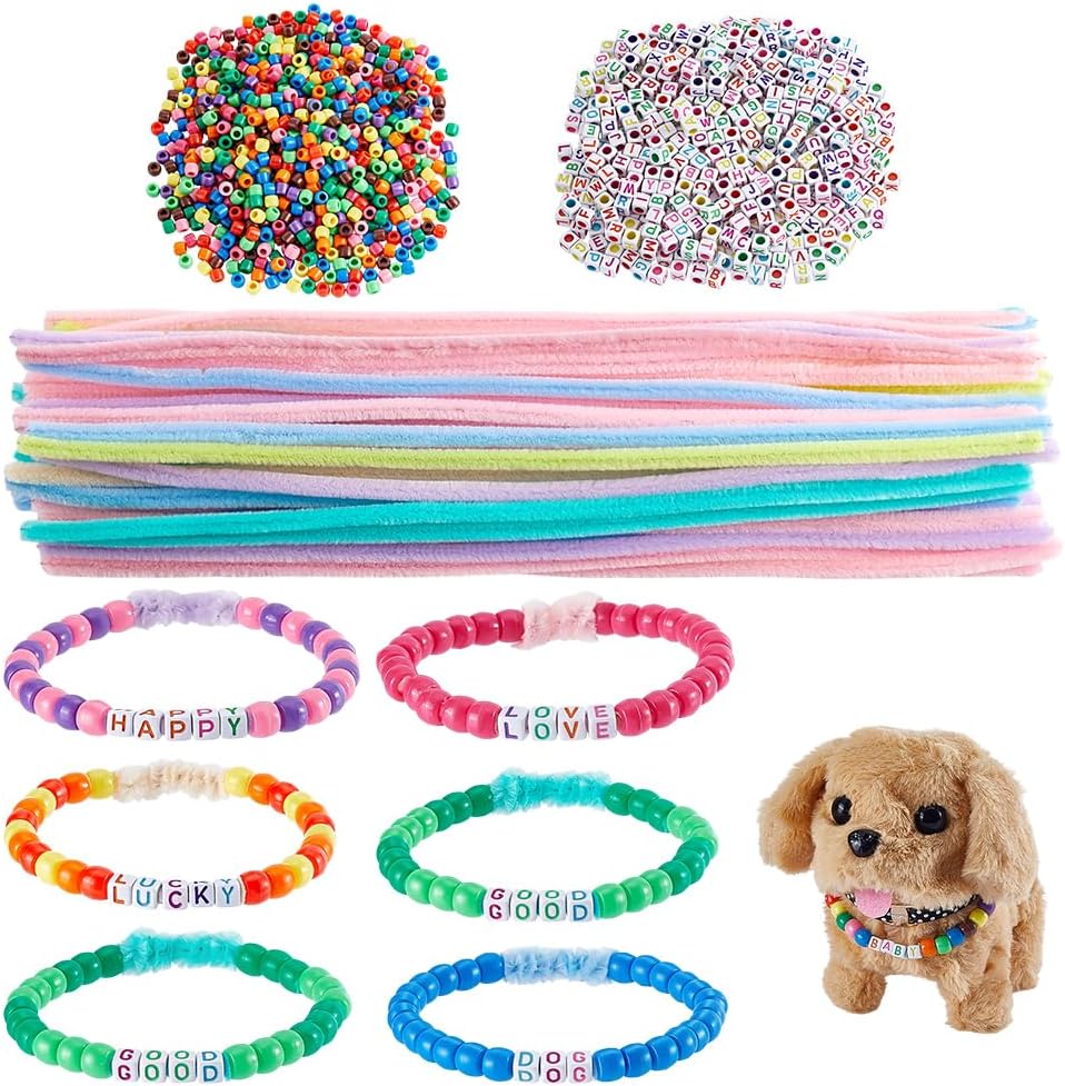 PH PandaHall 1350pcs Adopt a Puppy Party Favors Make Your Own Puppy Adoption Dog with Chenille Stems Colorful Alphabet Beads Collar Necklace for Birthday Party
