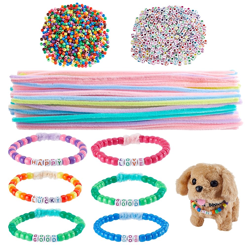 PH PandaHall 1350pcs Adopt a Puppy Party Favors Make Your Own Puppy Adoption Dog with Chenille Stems Colorful Alphabet Beads Collar Necklace Kit for Adopt A Dog Plush Stuffed Animals Birthday Party