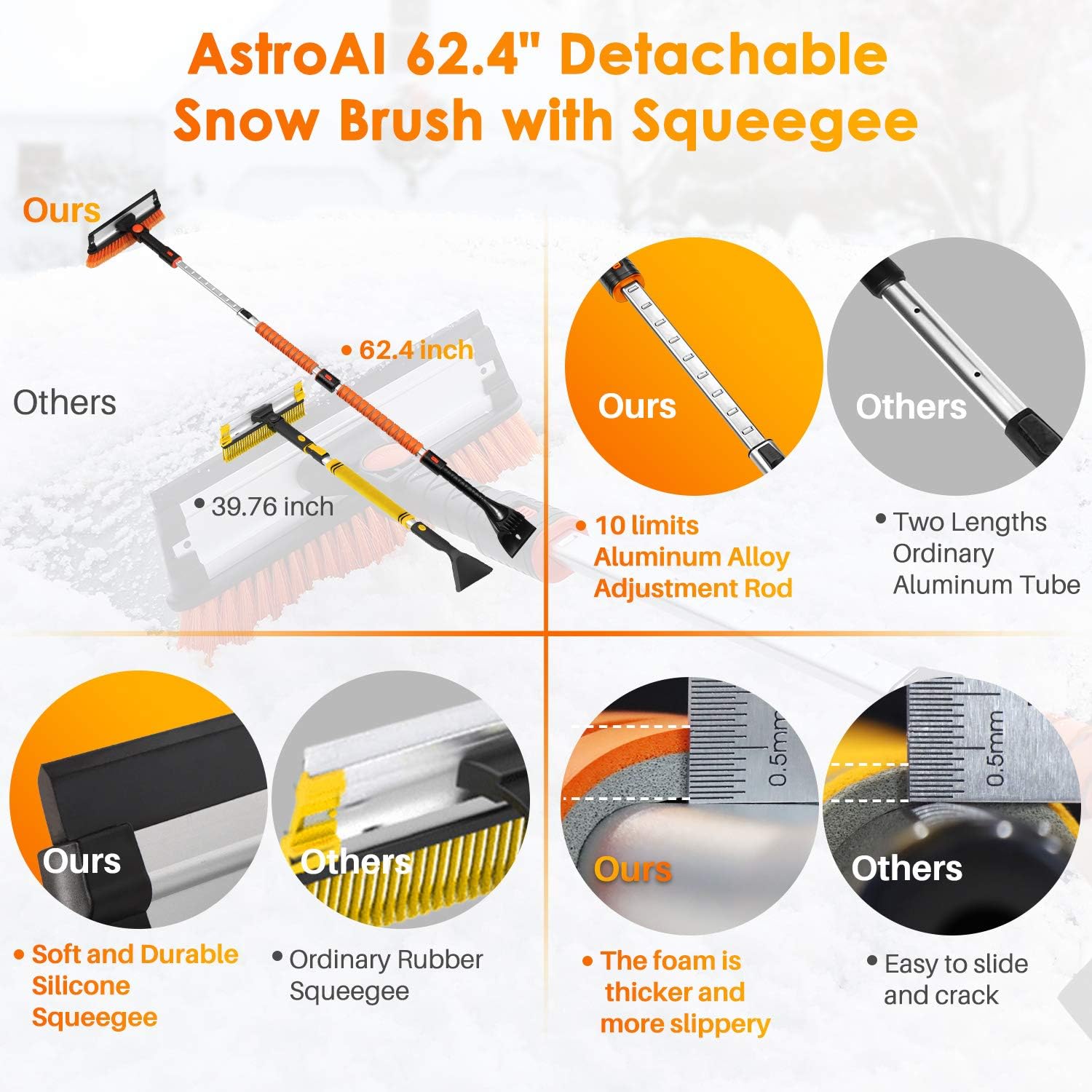 AstroAI 62.4" Ice Scrapers for Car Windshield, Sturdy Snow Brush with Squeegee, Exentable Aluminum Handle, 10 Adjustable Length Settings, 270° Pivoting Snow Scraper for Car, Truck, SUV (Orange