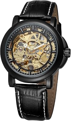 BESTKANG Mens Watch Automatic Self-Winding Leather Watch Steampunk Skeleton Wrist Watch