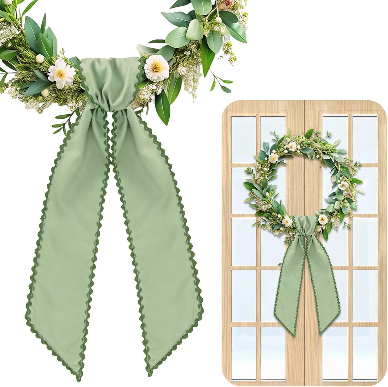 AnyDesign Scalloped Wreath Sash for Front Door, 2 Pcs, Sage Green | Pastel Green, Satin Wreath Sash, for Wedding Baby Shower Party Supplies, 5 x 55 In