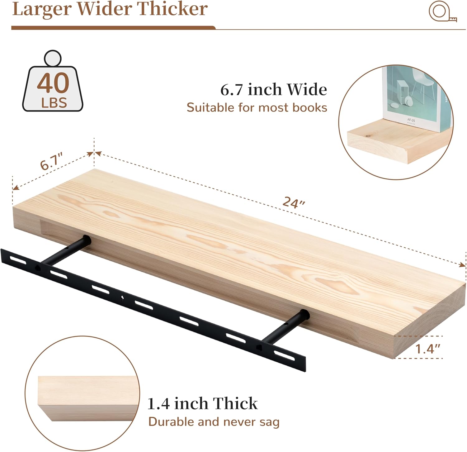 Marsmiles Natural Wood Floating Shelves | 24 Inch Unfinished Wood Wall Shelves Set of 2 | 24" W x 6.7" D Rustic Wooden Shelves for Bathroom Kitchen Living Room Bedroom