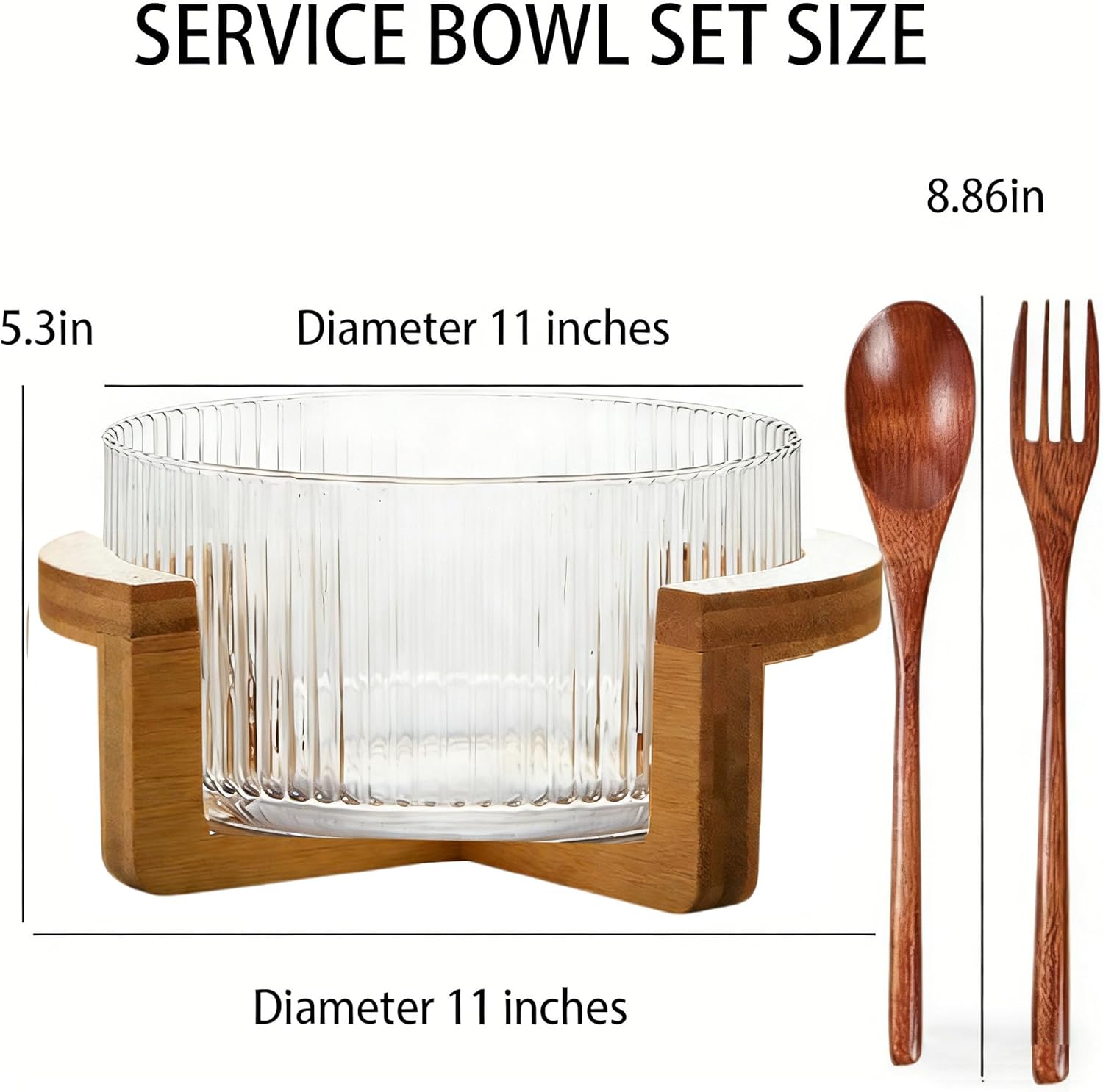 Extra Large Serving Bowl with Serving Utensils & Wood Base - 4QT Party Salad Bowl, Durable Calcium Glass & Rustic Bamboo Stand for Entertaining, Dishwasher-Safe Fruit Vegetable Mixing Bowl