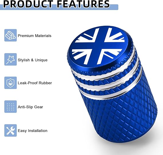 4PCs Tyre Valve Caps,Union Jack Metal Alloy Dust Caps for Car Tyres(Blue) | Aluminum Tire Valve Stem Cap,Corrosion Resistant Valve Cover Replacement with O Seal Ring,Universal for Car,SUVs,Motorcycles