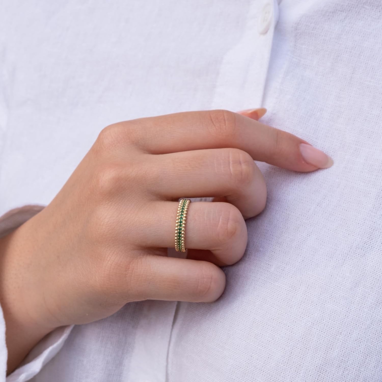 14k Solid Gold Emerald Ring | 14k Real Gold Eternity Band Ring | Micro Pave Green Emerald Ring | Unique Wedding Band | 14k Emerald Gemstone Jewelry for Women