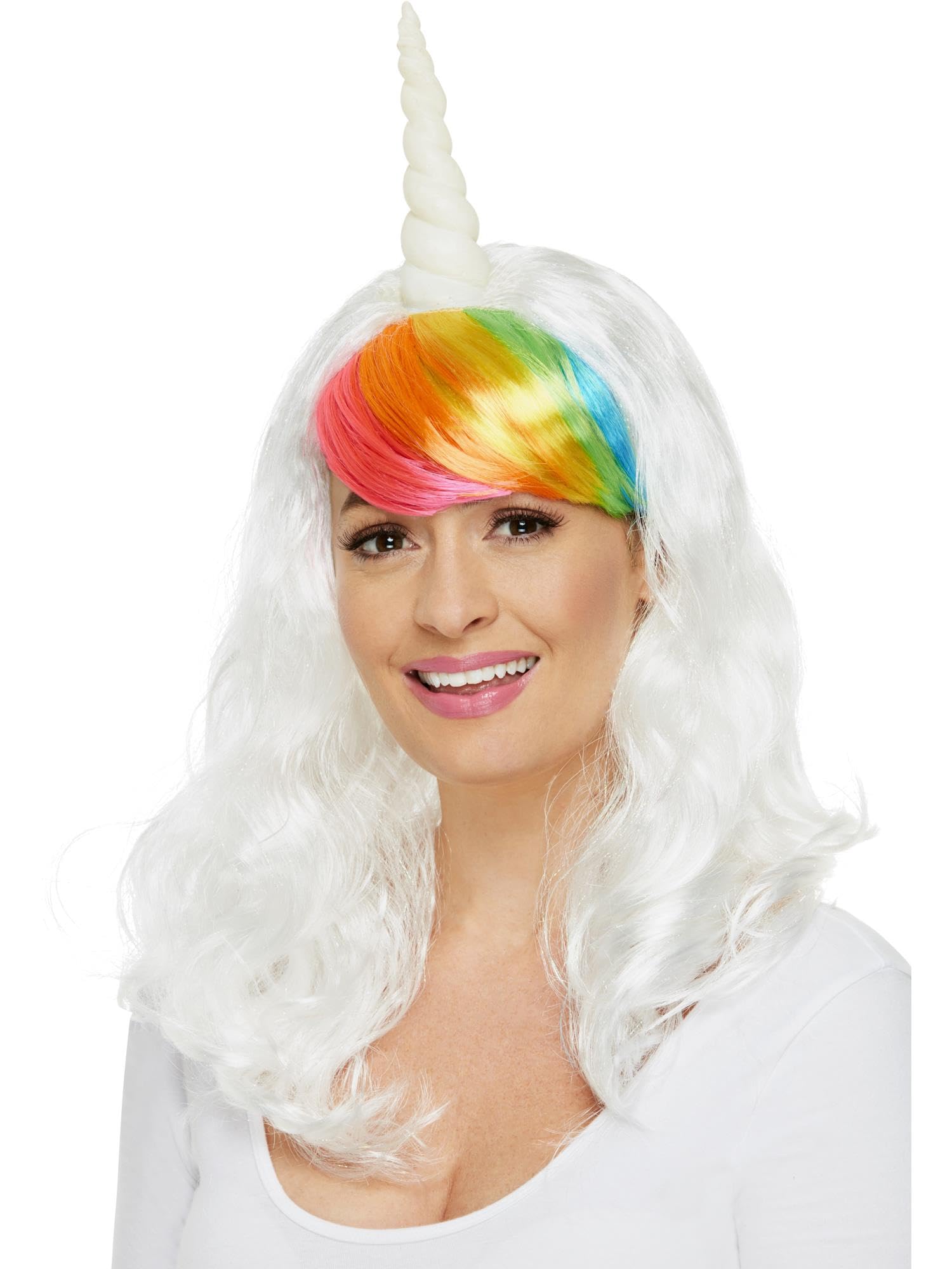 Smiffys Ladies Unicorn Wig with Rainbow Fringe, Fairytale, Wings and Wands Fancy Fancy Dress, Unicorn Dress Up Wigs