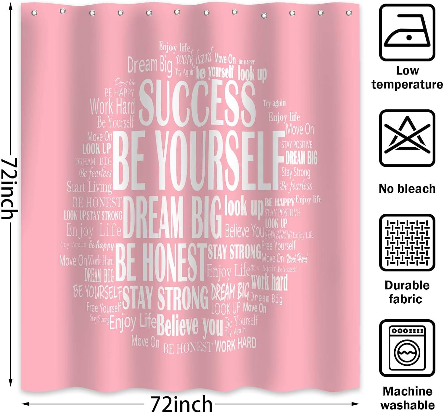 Inspirational Shower Curtain Positive Affirmations Motivational Bathroom Decor for Girls Quotes Pink and White Bath Curtain, Waterproof Cloth Fabric with Hooks, 72x72 inch