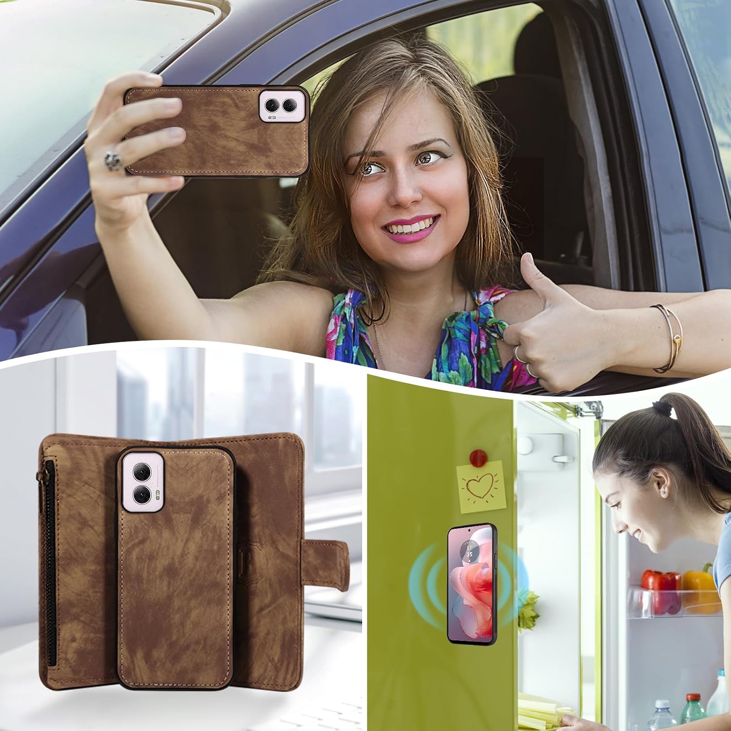 Asuwish Phone Case for Motorola Moto G Power 5G 2024 Zipper Wallet Magnetic Cell Cover with Tempered Glass Screen Protector Crossbody Wrist Strap Flip Credit Card Holder Purse G5 Women Girls Brown