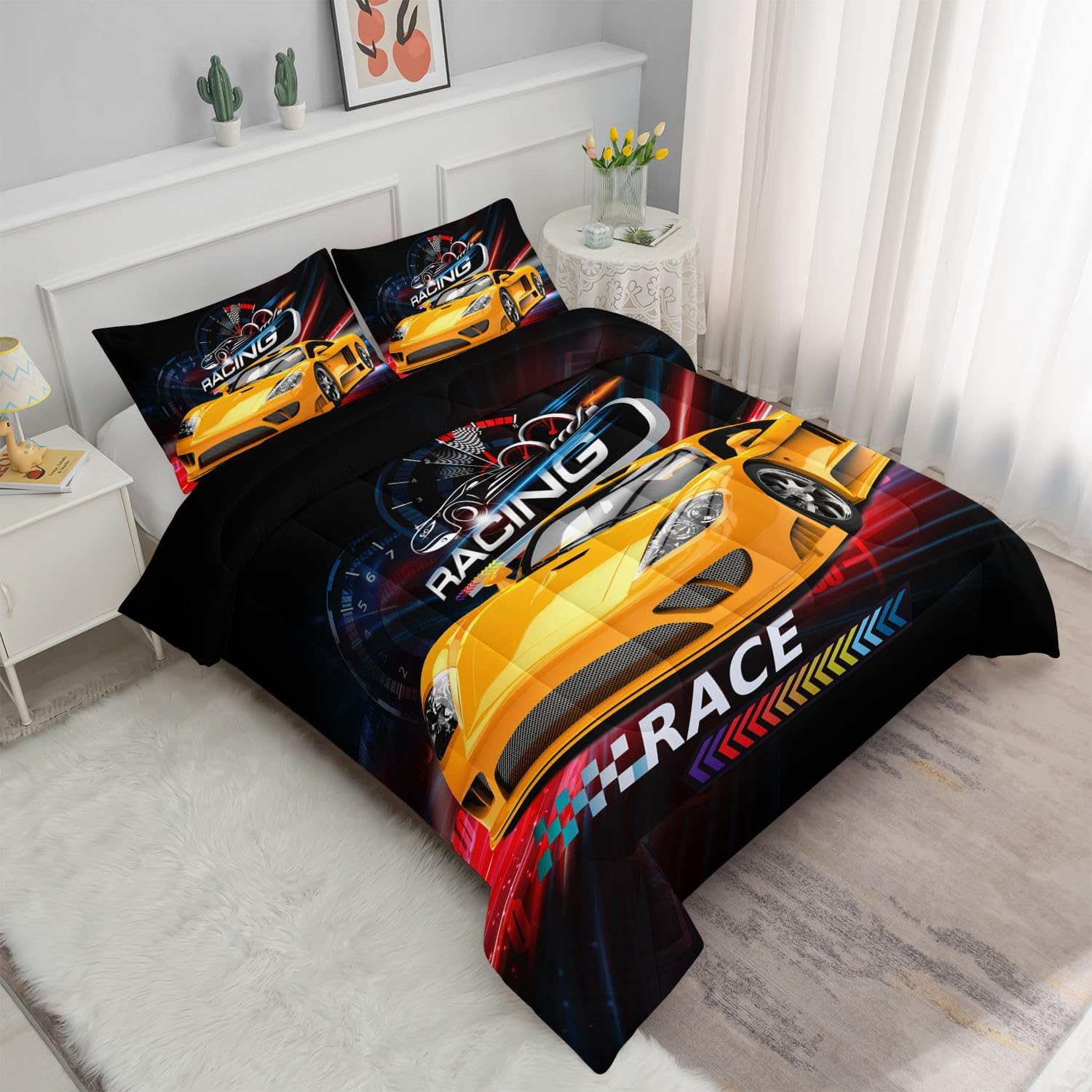 Racing Sport Kids Comforter Bedding Set for Boys Girls,3D Print Yellow Racing Car Dash Board and Chessboard Flag Comforter with 2 Pillowcases(Racing Sport Twin)