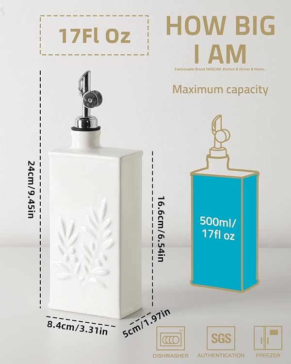Sweejar Ceramic Olive Oil Dispenser Bottle for Kitchen, 17 Oz Relief Opaque Oil and Vinegar Dispenser Bottle with Spout, Suitable for Soy Sauce, Coffee Syrup, Liquids (White) by Sweejar - Image 2