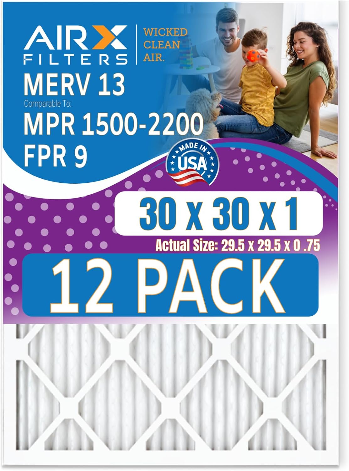 30x30x1 Air Filter MERV 13 Rating, 12 Pack of Furnace Filters Comparable to MPR 1500-2200 & FPR 9 - Made in USA by AIRX FILTERS WICKED CLEAN AIR.