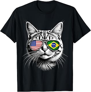 US Brazilian Cat Sunglasses Design Brazil USA Flag T-Shirt