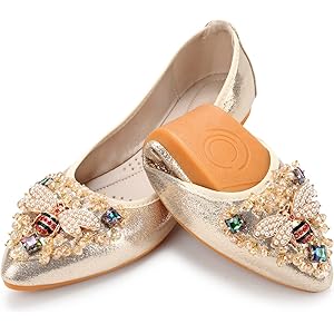KUNWFNIX Women Ballet Flats Rhinestone Wedding Ballerina Shoes Foldable Sparkly Comfort Slip on Flat Shoes 6 #A6-gold