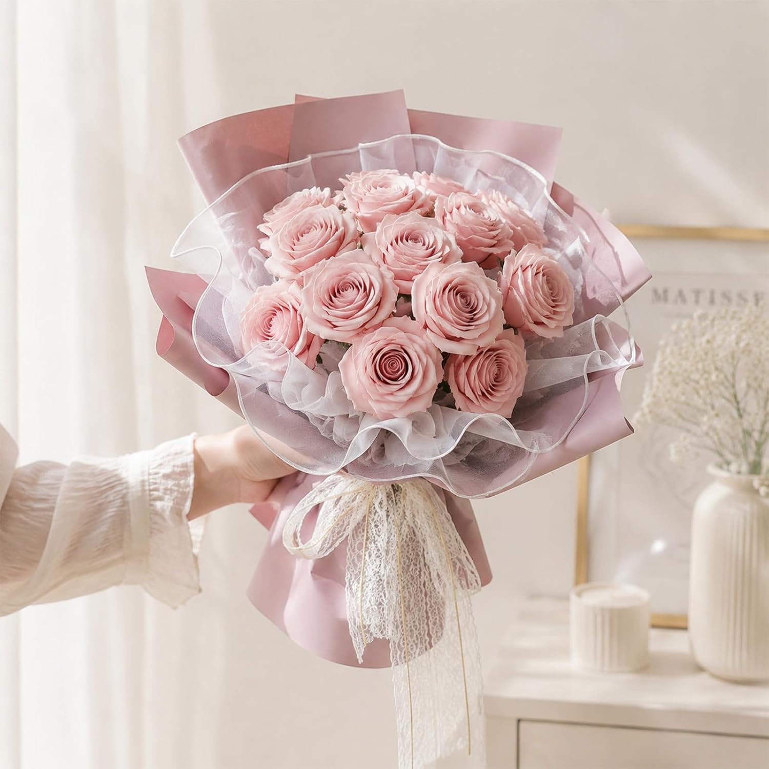 Skrfren 4 Yards White Mesh for Bouquets Flower Wrapping Paper Double Edge Wrinkled Translucent Bouquet Accessories for Floral Arrangement Valentine's Day Gift Packaging Wedding Decorations