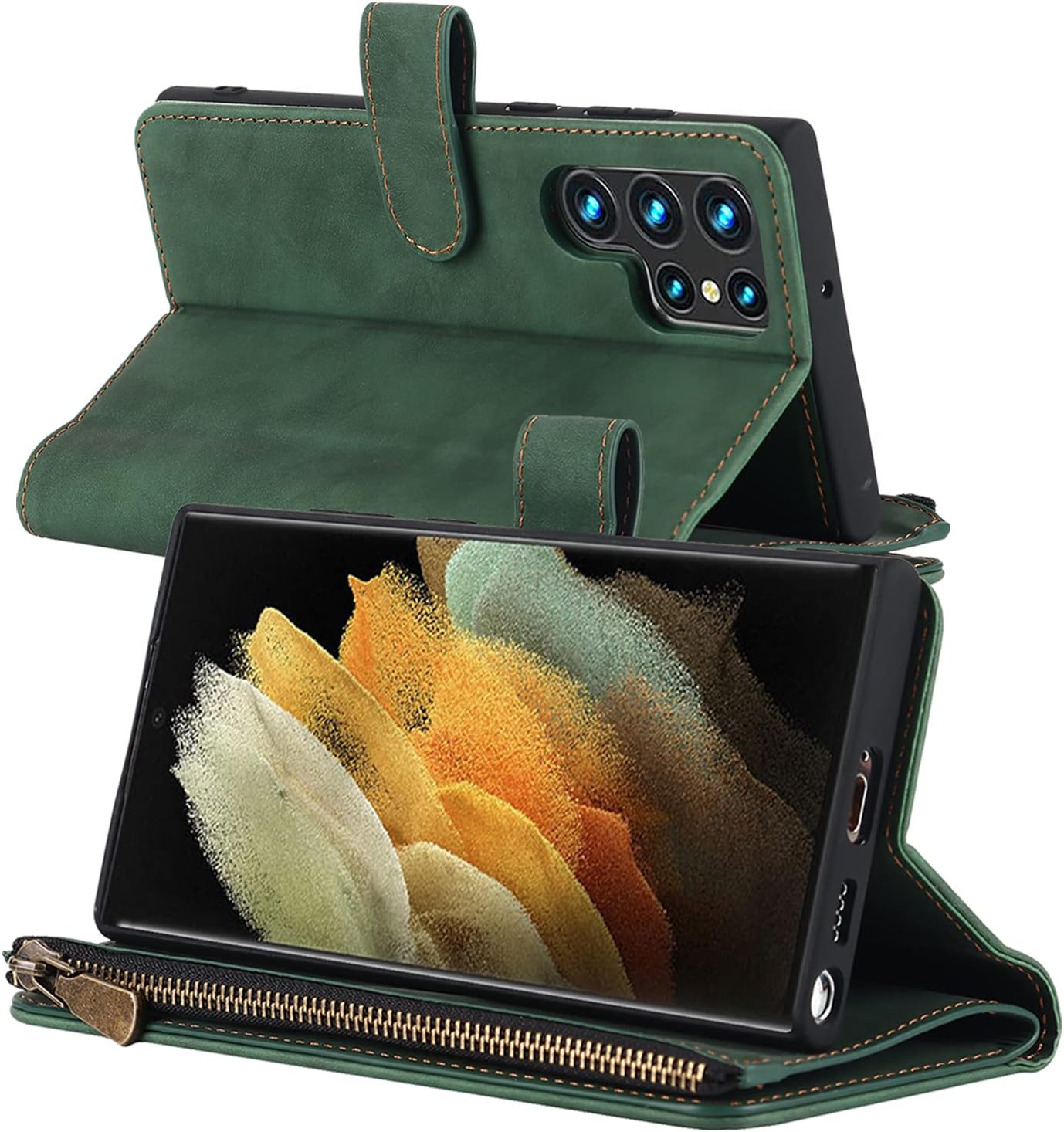 SailorTech Magnetic Detachable 2 in 1 Wallet Phone Case Design for Samsung Galaxy S22 Ultra with 6 Card Holder 1 Zipper Coin Wallet 1 Cash Slot Wrist Strap Kickstand Green