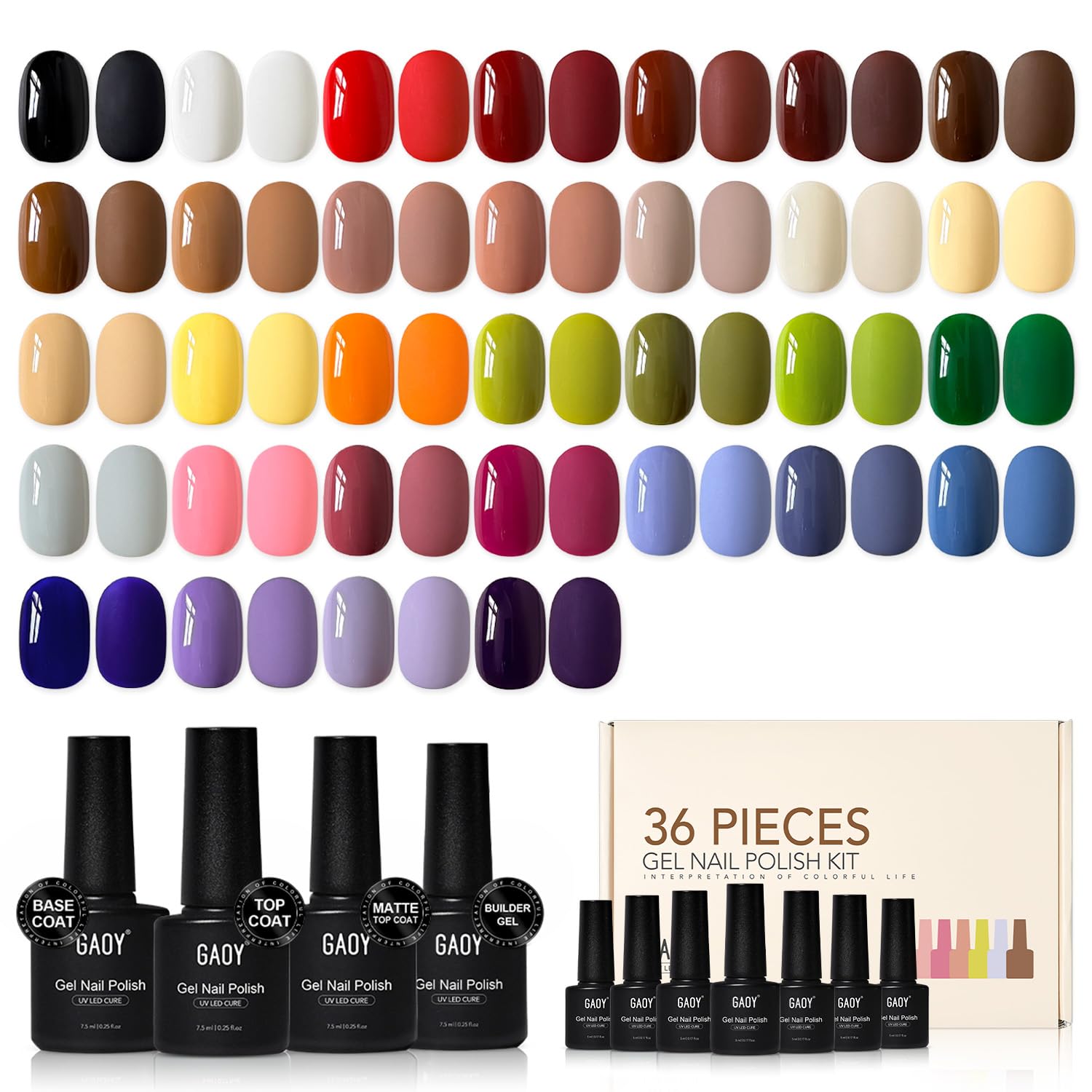 GAOY 36-Pc Gel Nail Polish Set: 32 All-Season Colors + Base, Glossy/Matte Top Coats & Builder for 4-Week DIY Manicure