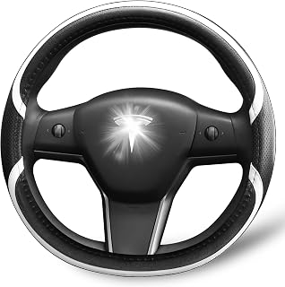 Tesla Model 3 Steering Wheel Cover,Tesla Steering Wheel Cover Model 3 is Designed with Non-Slip Soft Breathable and Comfortable Premium Leather, Model 3 Steering Wheel Cover (Black and White)