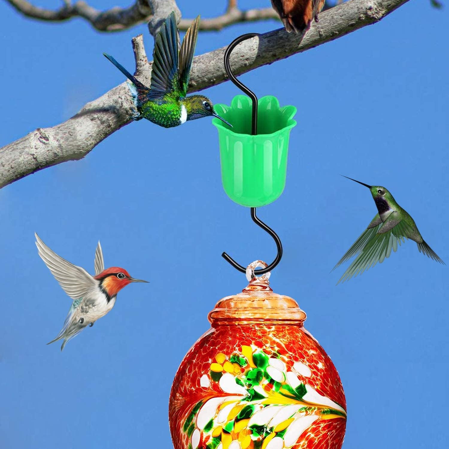 Moat Guard for Hummingbird Feeders Accessory Hooks , 8 Pack Flower Hummingbird Nectar Feeders Parts for Outdoors , 4 Large Hooks , 4 Brushe