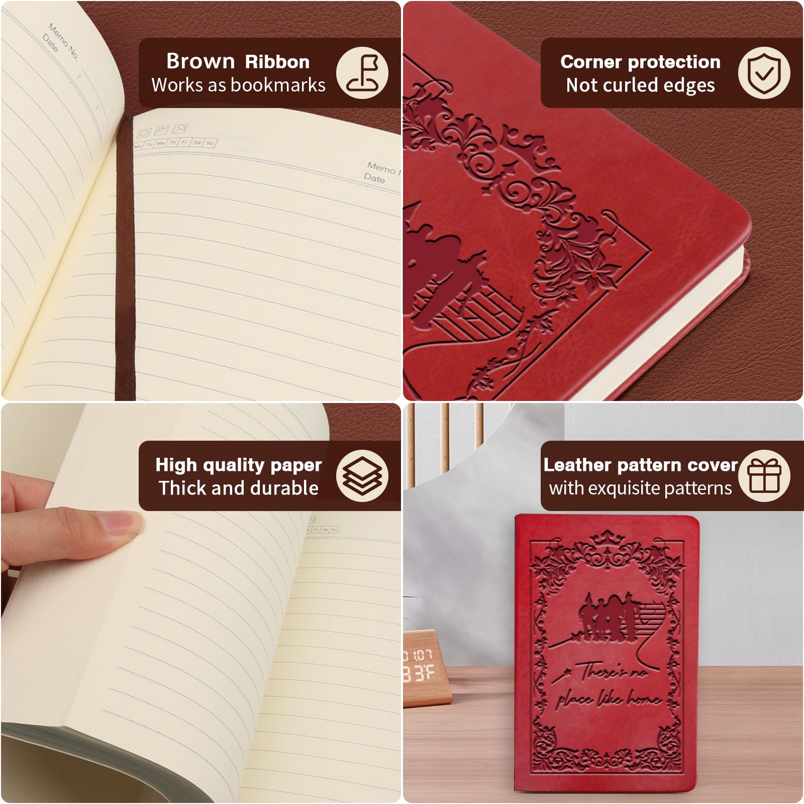Movie Lover Gift Fairy Tale Leather Journal There's No Place Like Home Notebook for Movie Lovers Wizard Inspirational Notebook For Writing Work Journal for Women Men(Red-no place like home)