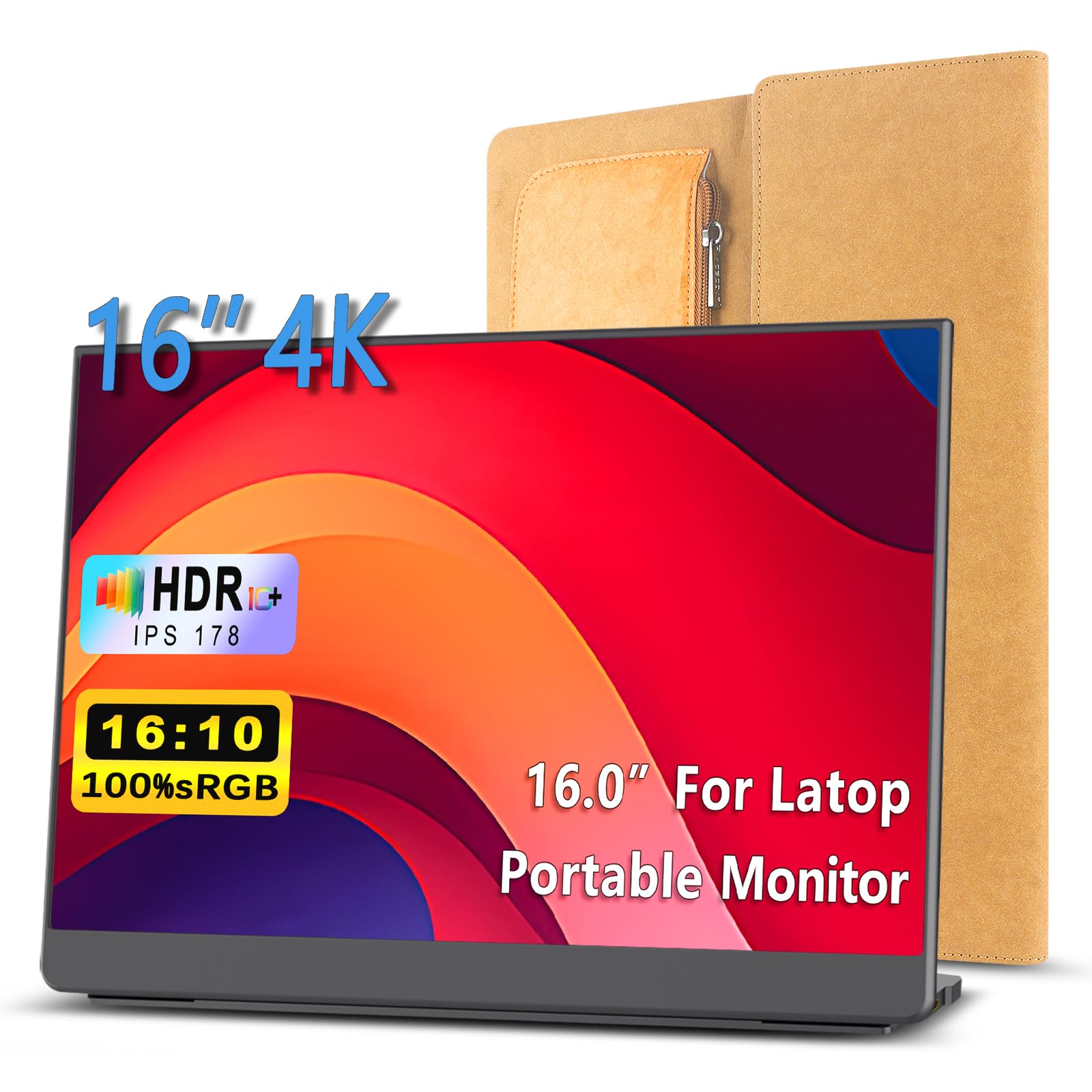 4K 16-Inch Portable Monitor for Laptop - 3840x2400 16:10 IPS Second External Travel Display With Folding Stand - Ultra-Slim Gaming Screen for MacBook Mini PC