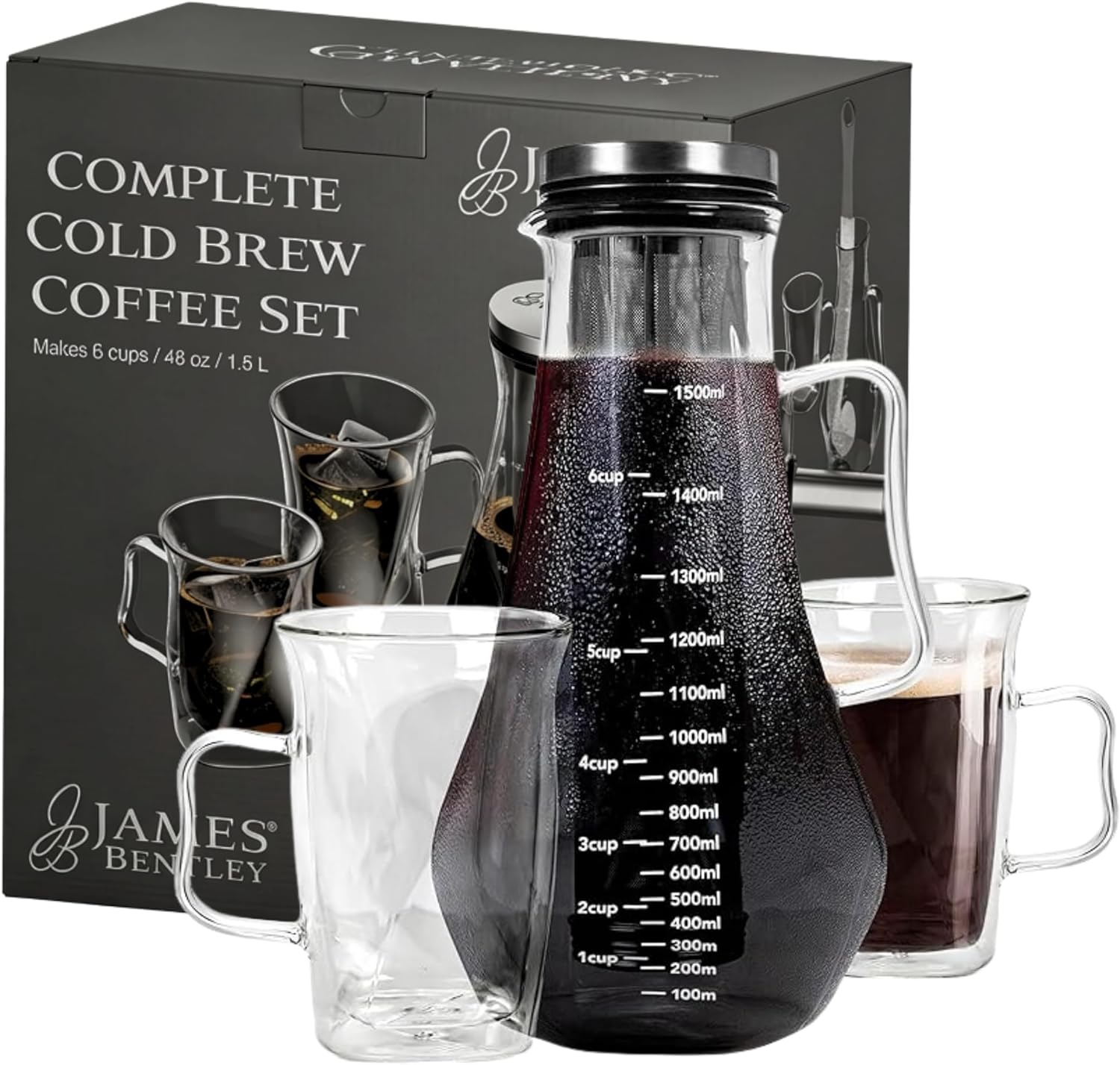 James Bentley Complete Cold Brew Coffee Set – Cold Brew Coffee Maker Glass for Hot and Cool Drinks, Fridge Friendly — Glass Carafe, Stainless Steel Infuser, Double Wall Cups x2, & Cleaning Brush