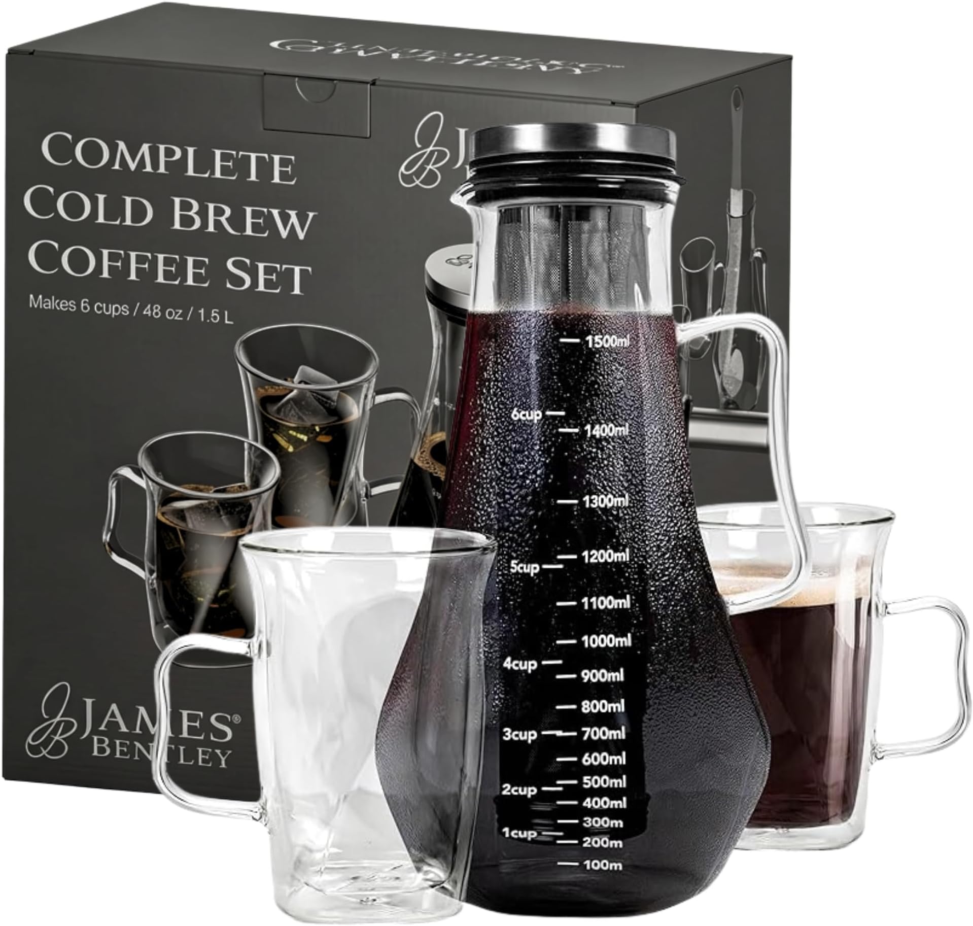 JAMES BENTLEY Cold Brew Coffee&Tea Airtight seal Coffee Maker, Glass Carafe Pitcher (50oz),Stainless Steel infuser w bottom screws +2 Insulated Cups + Free Flexible Cleaning Brush PERFECT GIFT