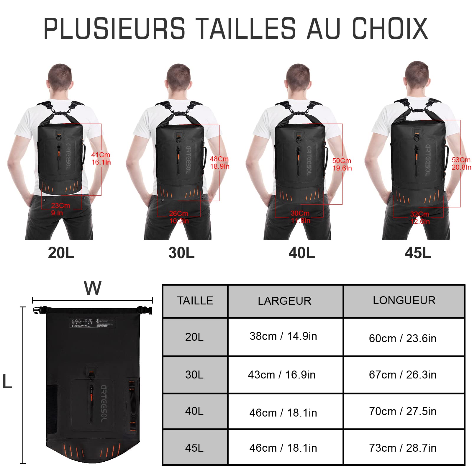 Sac Etanche Amélioré 45l 40l 30l 20l Waterproof Sac étanche Dry Bag avec épaulette，Parfait pour Le Paddle Kayak Canoë Camping Pêche Natation Rafting