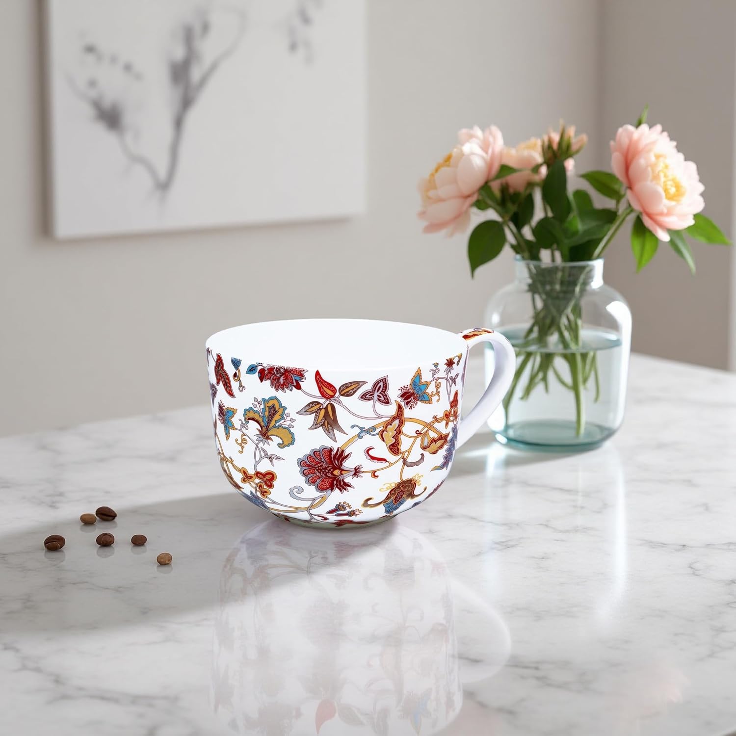 25 Ounce Bone China Soup Bowls with Handles Large Soup Mug for Coffee Cereal Oatmeal Latte Flora Soup Bowl Bone China Soup Cup Microwave Safe (Red) - Image 7